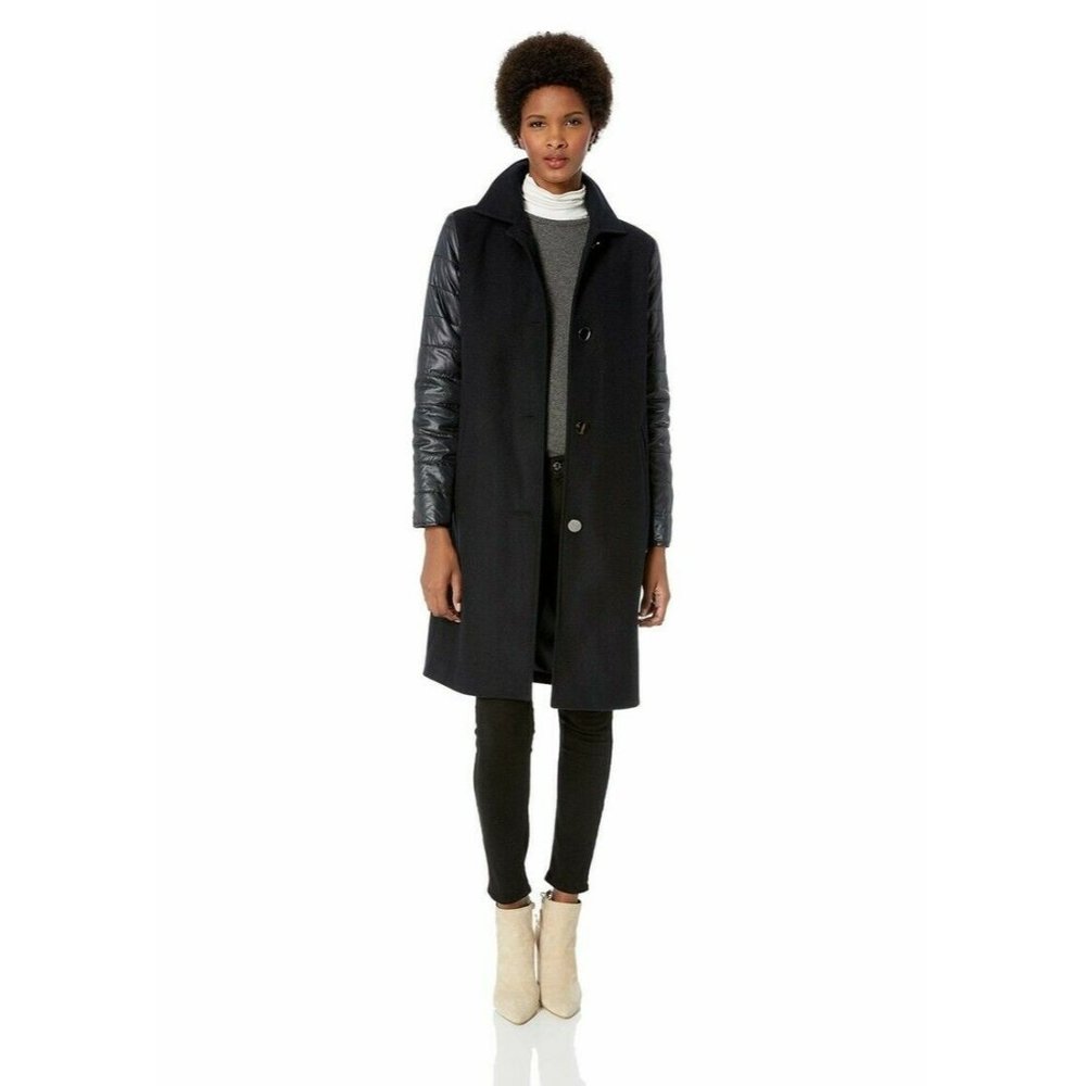 NWT Jones New York Size 6 Black Button Front Long Wool Blend Puffer Sleeve Coat